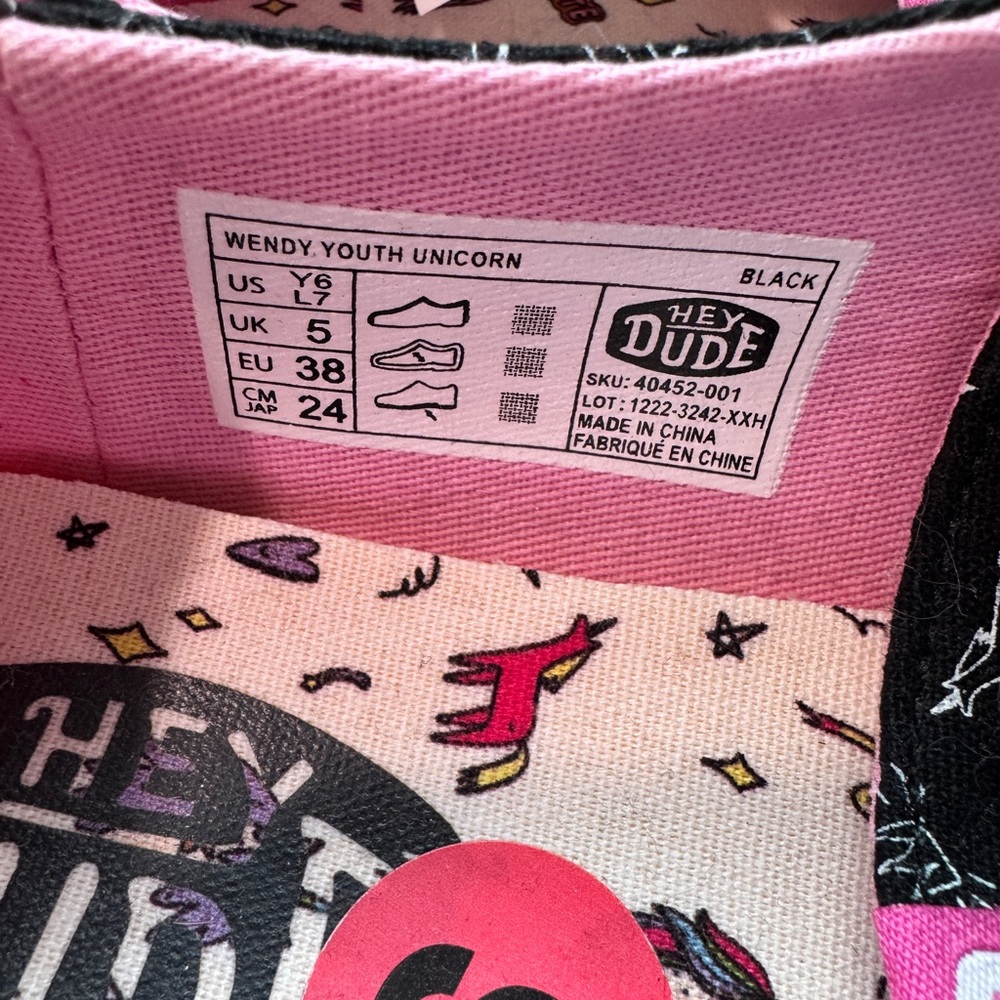 Hey Dude Black and Pink Unicorn Shoes 6 Y - Picture 3 of 5